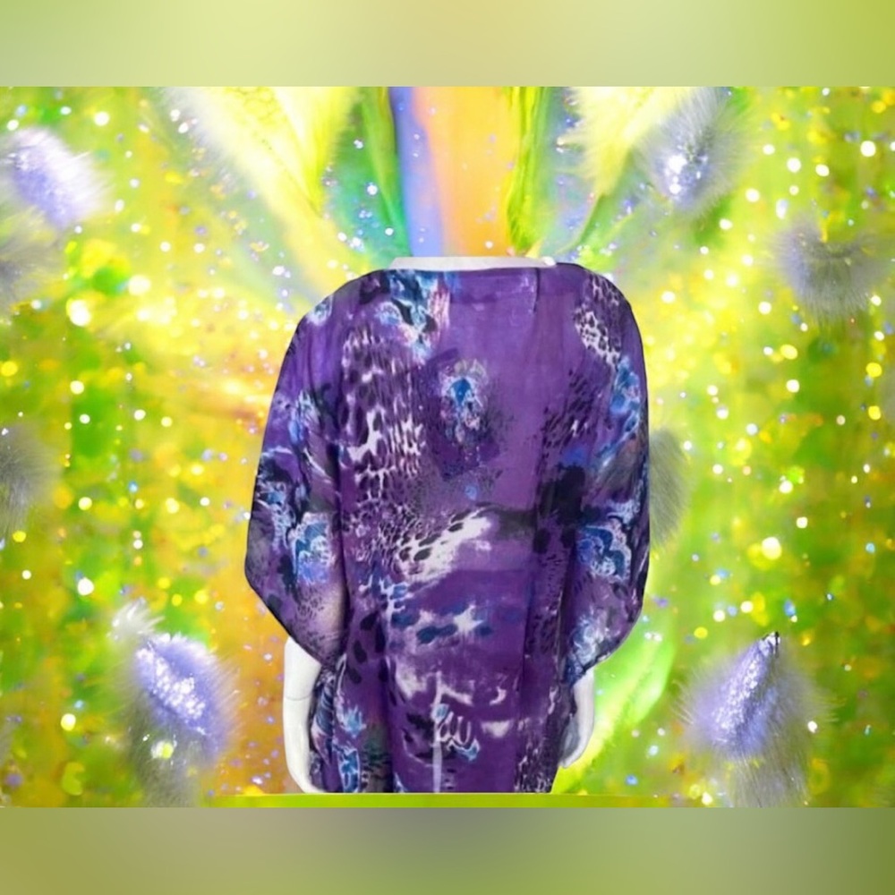 Joan Boyce Purple Printed Chiffon Tunic V-Neck w/Silver Beaded Trim Missy NWT$99 - Picture 10 of 13